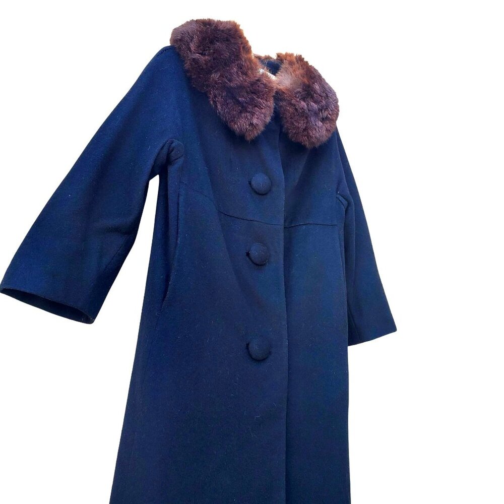 Vintage 60s Black Wool Coat Women 4 Brown Fur Mink Collar Pin Up Rockabilly